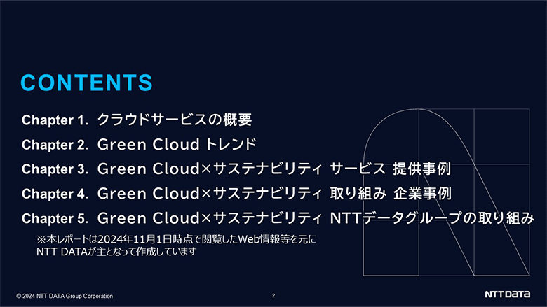 CONTENTS Chapter1. サステナビリティとITの関連性 Chapter2. Green Cloud×サステナビリティ サービス 提供事例 Chapter3. Green Cloud×サステナビリティ NTTデータグループの取り組み ※本レポートは2024年11月1日時点で閲覧したWeb情報等を元にNTT DATが主となって作成しています。